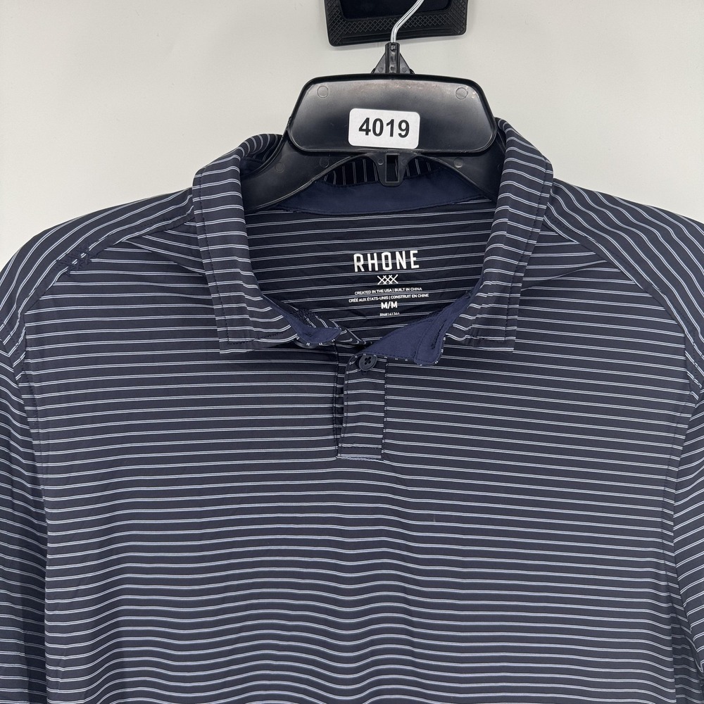 Rhone Polo Shirt Mens Medium Blue Stripe Performance Golf Casual Stretch Summer - Picture 2 of 7